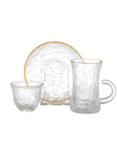 Buy 18-piece set for Saudi tea and coffee, made of clear glass with golden calligraphy in Saudi Arabia