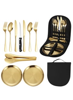 Buy Stainless Steel Tableware Set for Camping and Picnics - Portable 10 Piece Kit with Knife, Fork, Spoon, Plate, and Steak Clip in Saudi Arabia