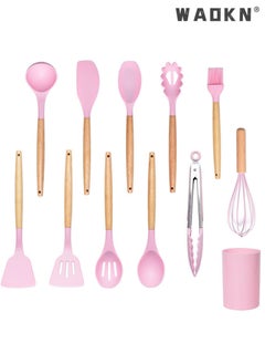 Buy Silicone Cooking Kitchen Utensils Set, Heat Resistant Wooden Handles Cooking Tool BPA Free, 12Packs Non Toxic Silicone Turner Tongs Spatula Spoon Kitchen Gadgets Set for Nonstick Cookware Pink in Saudi Arabia