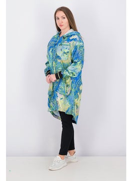 Buy Women Long CSM AOP Jacket, Lime Green and Blue in UAE