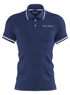 اشتري Finer Threads Navy Blue Men's Polo Shirt with Contrast Collar and Thin Stripes-Regular Fit في الامارات