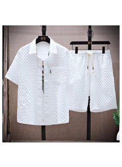 اشتري Summer Ice Silk Mens Casual Grid Shirt Shorts Set F37 White في الامارات