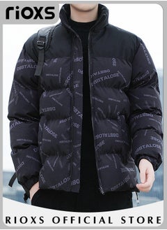 اشتري Mens Casual Letters Printing Winter Down Cotton Jackets Warm & Lightweight Puffer Coat with Standing Collar and Slim Fit Windproof Outdoor Jacket في الامارات