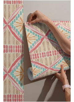 اشتري Geometric Pink Blue Art Deco Fabric Wallpaper Covers An Area ​​Up To 4.2Mx3M With Adhesive And Smoothing Tool في مصر