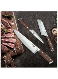 Buy V A V PREMIUM 3-Piece Knives Set. Set includes: 8-inch Chef, 5-inch Santoku & Utility Knives. Comfortable Walnut Wood Handle and Professional Hammered Stainless Steel with Long-Lasting Sharpness. in UAE