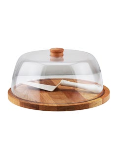 Buy Obje Plastik Round Cake Stand And Dome With Spatula Brown/Clear/White 29cm in UAE