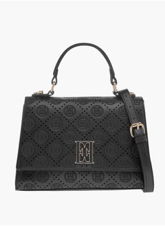 Buy Monogram Embroidered Satchel Bag with Detachable Strap and Flap Closure in UAE