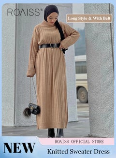 Buy Women's Knitted Dress Women Long Sweater Dress with Belt in Saudi Arabia