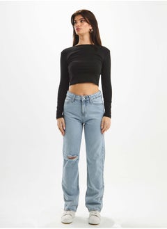 Buy High-Waist Light Wash Ripped Slim Straight Leg Jeans. in Saudi Arabia