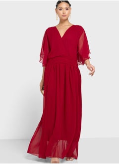 Buy Surplice Neck Ruched Waist Mesh Dress in UAE