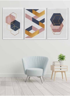 Buy Set Of 3 Framed Canvas Wall Arts Stretched Over Wooden Frame Overlapping Geometric Shapes Abstract Paintings For Home Living Room Office Decor in Saudi Arabia