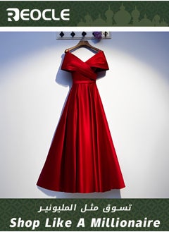 Buy Red Satin Evening Dress New V-neck Slimming Dress Usually Wearable Host Long Evening Dress in Saudi Arabia