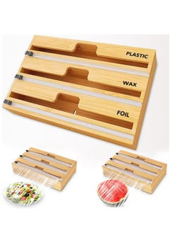 Buy 3 in 1 Bamboo Wood Plastic Aluminum Foil, Food Wrap Dispenser and Wax Paper Roll Organizer Holder with Slide Cutter in Saudi Arabia