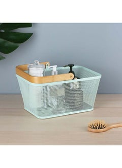 اشتري Oliver Storage Basket With Handle Container Made From Bamboo And Metal For Living Room Dining Room Bedroom  L 30 X W 22 X H 14 Cm  Blue في الامارات