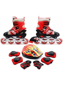 Buy Inline Skates Adjustable Size Roller Skates with Flashing Wheels for Outdoor Indoor Children Skate Shoes Including Full Protective Gear Set Red Colour in UAE