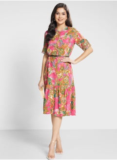 Buy Belt Detail Printed Dress in UAE