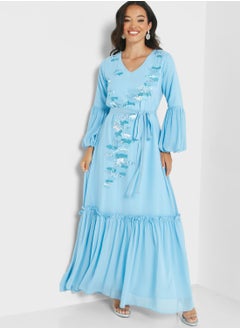 Buy Ruffle Sleeve Belted Dress in UAE