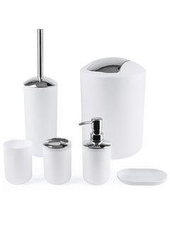 اشتري Bathroom Accessories Set with Tray 6 Piece Plastic Gift Bath Set with Trash Can Toilet Brush Soap Dispenser Soap Dish Lotion Set Tumbler Cup(White) في السعودية