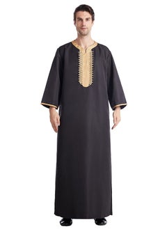 اشتري Men's Casual Full Length Embroidery Abaya Robe Islamic Arabic Kaftan Black/Gold في السعودية