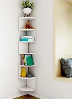 Buy Wall Mount Corner Shelf Floating Home Office Decorative Shelving Wooden 7 Tier Modern Zigzag Bookcase Object Display Organizer White in UAE