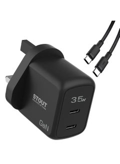 Buy Stout Gan Travel Charger With Dual PD Port 35 W, Type C To Type C/ UK 3 pin plug / Over voltage protection / Unique design - Black in UAE