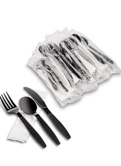 Buy Heavy Weight Black Plastic Cutlery Set with Napkin Individually Wrapped Disposable Utensils Forks, Spoons and Knives Great for Parties or Picnics 50 Pieces in Saudi Arabia