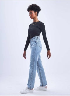 Buy High-Waist Light Washed Distressed Straight Leg Jeans. in Saudi Arabia