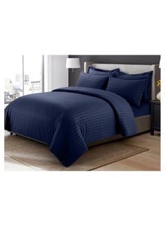 Buy Comfy 6 Pc King Size Fiber Filled Hotel Quality Striped Navy Blue Cotton Comforter Set in UAE
