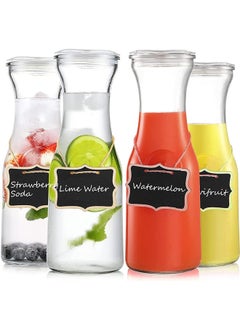 Buy Set of 4 Glass Carafe with Lids, 1 Liter Beverage Pitcher Carafe for Brunch, Cold Water, Juice, Milk, Iced Tea, Lemonade - 4 Wooden Chalkboard Tags Included in UAE