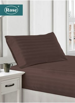 Buy Rose Luxurious Hotel Stripe Fitted Sheet with Deep Pockets and Pillow Case, Bed Sheet 2-Pieces Set, Soft & Silky Microfiber Breathable and Cooling, Extra Twin Size 120x200+35 cm, Dark Brown in Saudi Arabia