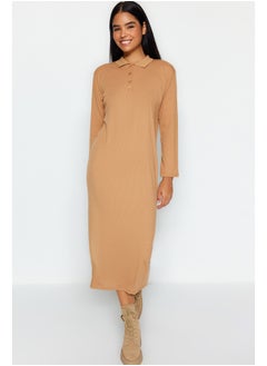 Buy Brown Polo Neck Ribbed Knitted Dress TCTSS23EB00246 in Egypt