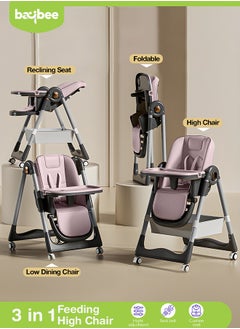 Buy 3 In 1 Baby Feeding High Chair With 8 Height Adjustable, Footrest, Tray, 160 Degree Recline, 5 Point Safety Belt And Wheels, 0 - 6 Years Pink in UAE