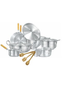 Buy Classic Gift 15-Piece Cookware Set – Premium Aluminium Metal Finish, Complete Kitchen Collection with 3 Cooking Pots, Wok, Saucepan, Frypan, Tawa, and 3 Wooden Cooking Spoons, Durable and Versatile in UAE