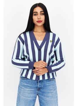 اشتري Women V-Neck Stripe Knitted Cardigan, Blue في الامارات