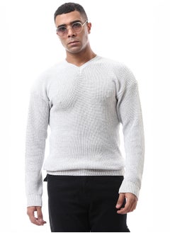 اشتري V-Neck Light Grey Slip On Knitted Pullover في مصر