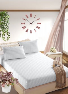 Buy White Cotton King Striped Fitted Elastic Bedsheet Set 200x200+20cm in UAE