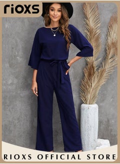 Buy Women's Long Sleeve Jumpsuit Outfit 3/4 Long Sleeve Top and Loose Straight Leg Pants Romper Set with Belt in Saudi Arabia