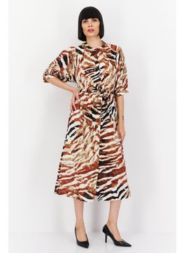 Buy Women Animal Print Belted Midi Dress, Beige Combo in UAE