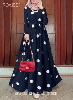 Buy Women's Dress Long Sleeve Vintage Polka Dot Print Robe Long Skirt with Belt Big Hem Islamic Muslim Clothing in UAE