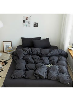 Buy Cotton Duvet Cover Set, 4 Pieces Washed Cotton Comforter Cover with Zipper Closure, Include 1 Duvet Cover 220x240cm 1 Flat Sheet and 2 Pillowcase, Comforter Not Included, King Size(Black) in Saudi Arabia