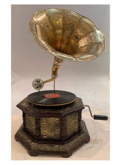 Buy 8 Corner Shape Wooden Arabic Traditional Brass Work Hand Made Gramophone One Disc in UAE