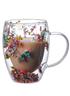 Buy Double-Walled Glass Coffee Mug with Handle and Dried Flower Heat Insulated 350ml Capacity Tea Cup Summer Winter Drink Ware Birthday Gifts for Wife and Mother in UAE