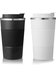 Buy Insulated Coffee Travel Mug 510ml Reusable Coffee Cup 2 Pack Stainless Steel Vacuum Insulation Tumbler for Home Office Heat Cold Drinks (Black+White) in Saudi Arabia