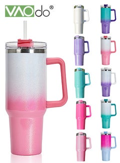 Buy 40 oz Tumbler with Handle and Straw Lid Reusable Stainless Steel Water Bottle Travel Mug Cupholder Friendly Insulated Cup Holiday Gifts for Women Men Him Her 1100ML Pink White in UAE