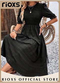 Buy Women Casual Short Sleeve Crew Neck Fall Dress Bohemian Relaxed Fit Flowy Maxi Dresses Tiered Cocktail Dress in UAE