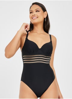 Buy Under Wired Padded Mesh Striped Waist Swimsuit in Saudi Arabia