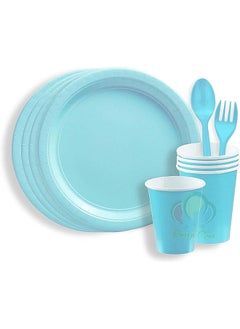 Buy TIME - 24 Pieces Party Supplies Tableware Set Includes 6 - 9" Paper Dinner Plates 6 - 9 Oz Cups, 6 - 6" Spoon and 6 - 6" Forks for Plain Color Theme Disposable Birthday Dinnerware (Light Blue) in UAE