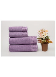 Buy Towel 4 Piece Bathroom  Set - GREEKY - 500 GSM - 100% Cotton Terry - Jacquard Border- 2 Bath  70X140 cm & 2 Hand  50x90 cm- Luxury Touch - Extra Absorbent-Lavender in Saudi Arabia