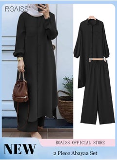 Buy 2 Piece Abayaa Set Women'S Daily Commuting Button Fastening Long Sleeve Shirt Top And Elastic Waist Wide Leg Pants in UAE