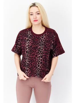 Buy Women Sportswear Fit Short Sleeve Printed Top, Maroon/Black in UAE